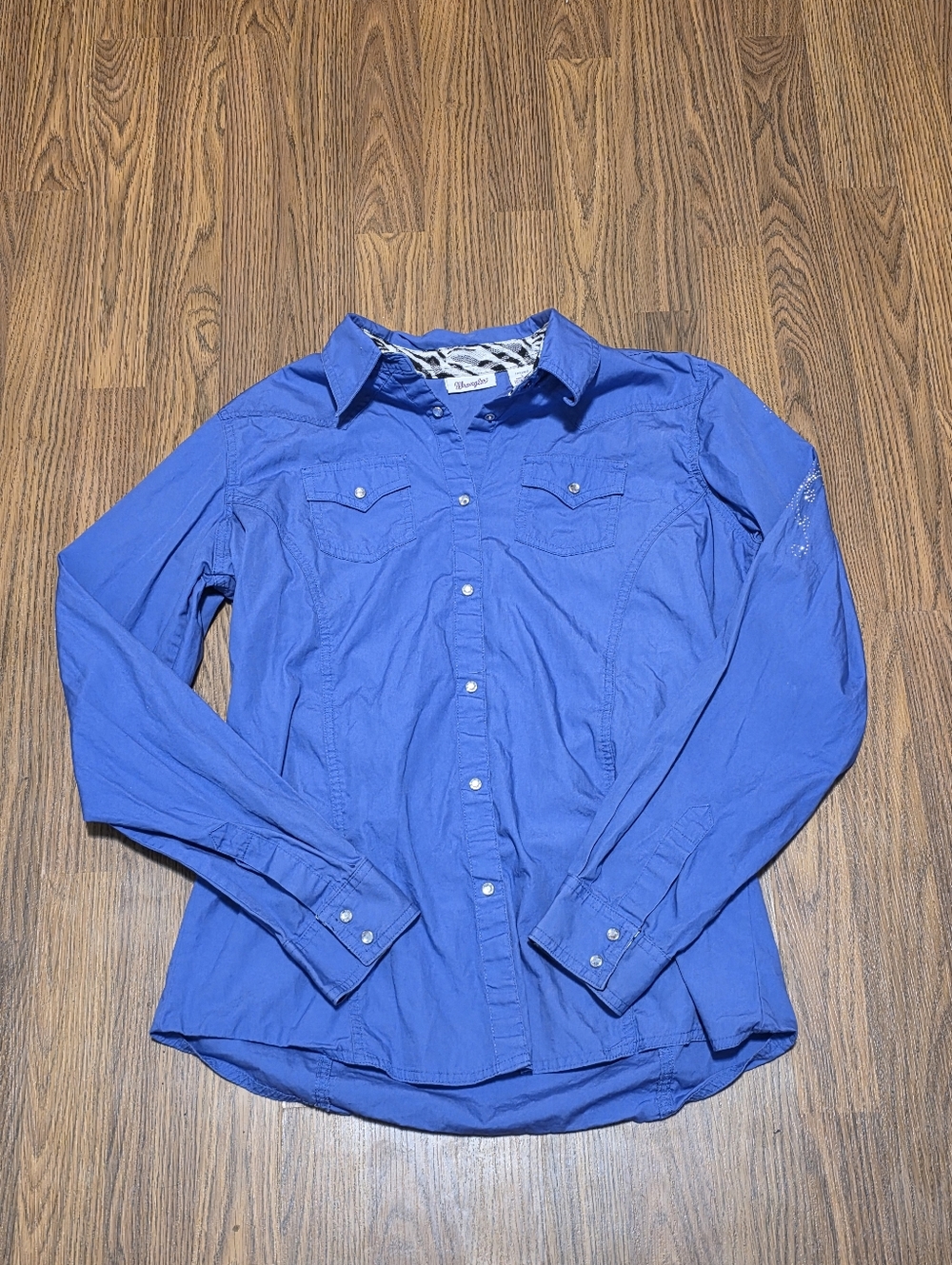 Wrangler Royal Blue/purple Pearl Snap Shirt Rhinestone Western Cowgirl Top L F49